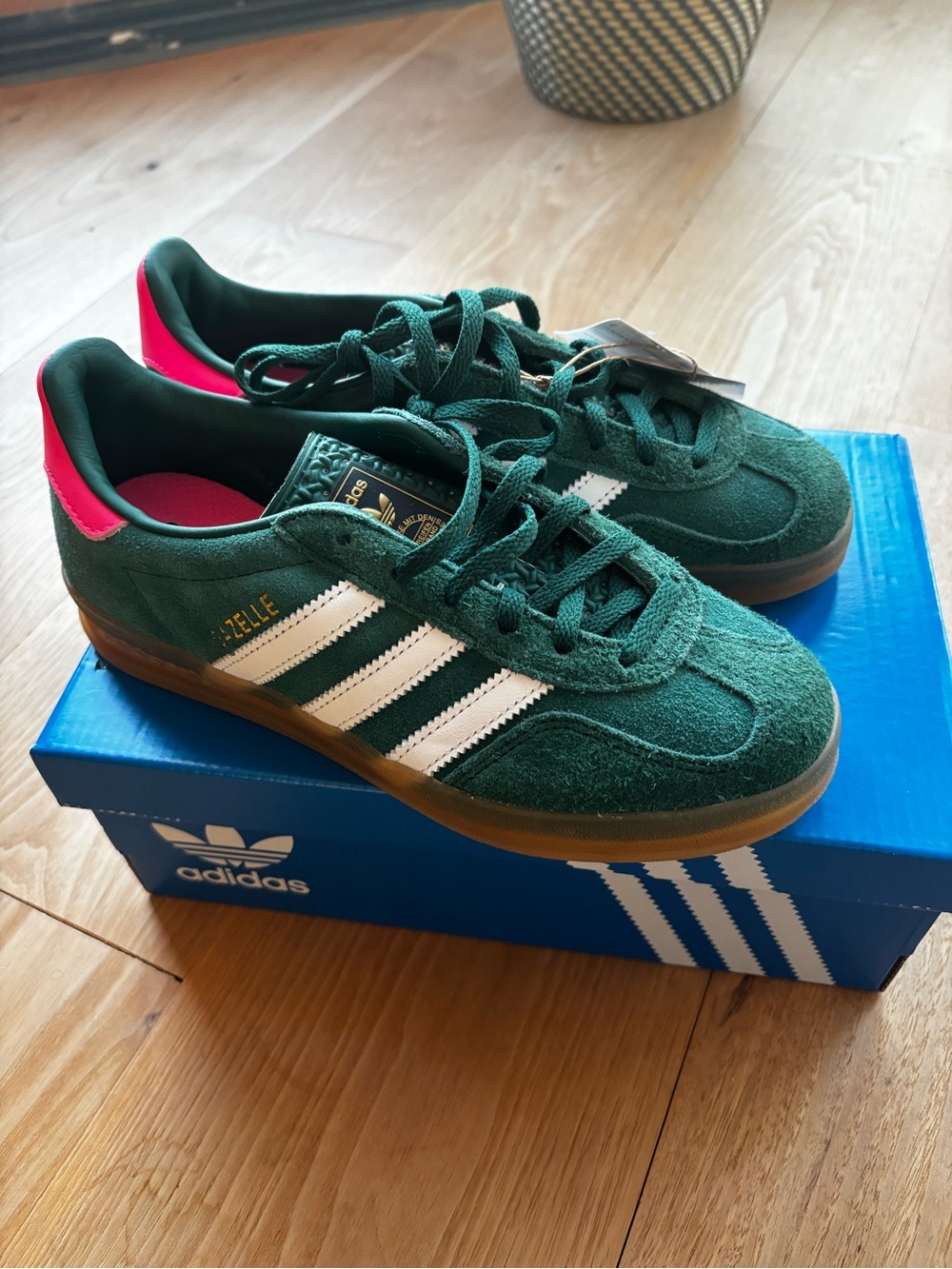 adidas woman Gazelle Suede Sneakers in Green with White Stripes and Pink Heel